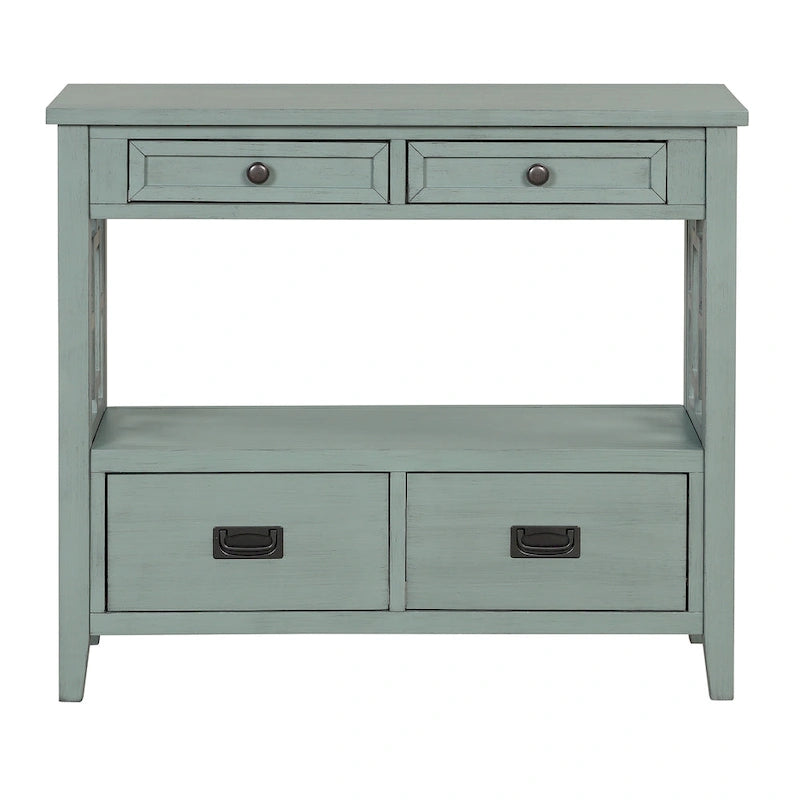 Console de style campagnard en pin, 91 cm, avec 4 tiroirs et 1 étagère de rangement.