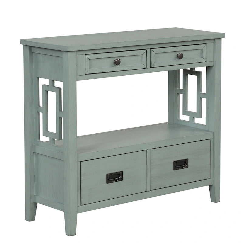 Console de style campagnard en pin, 91 cm, avec 4 tiroirs et 1 étagère de rangement.