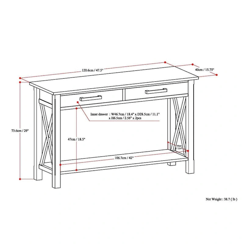 Console/table basse contemporaine en bois massif WYNDENHALL Waterloo, 119 cm de large (47,4 pouces)