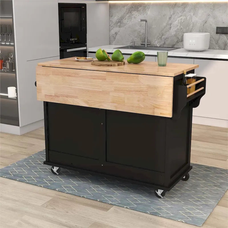 Chariot de cuisine avec comptoir rabattable en bois d'hévéa