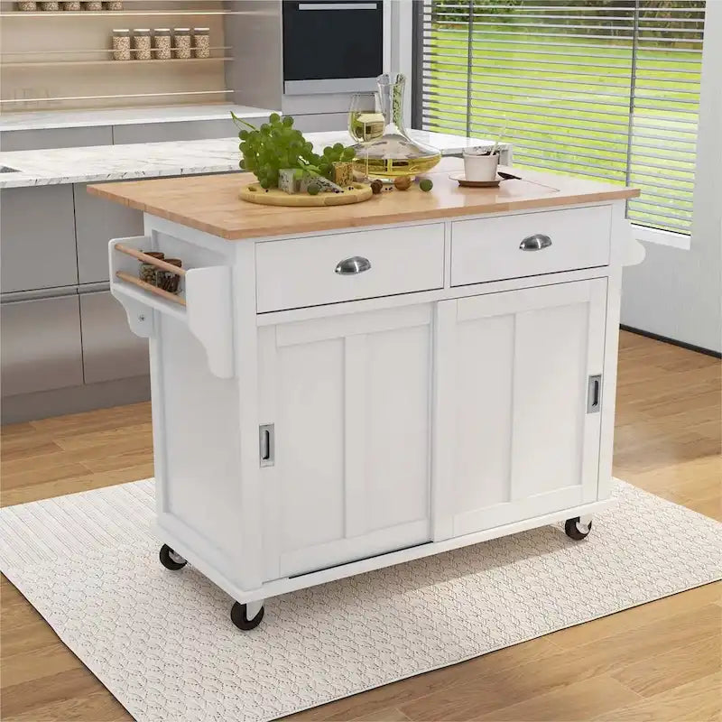 Chariot de cuisine avec comptoir rabattable en bois d'hévéa