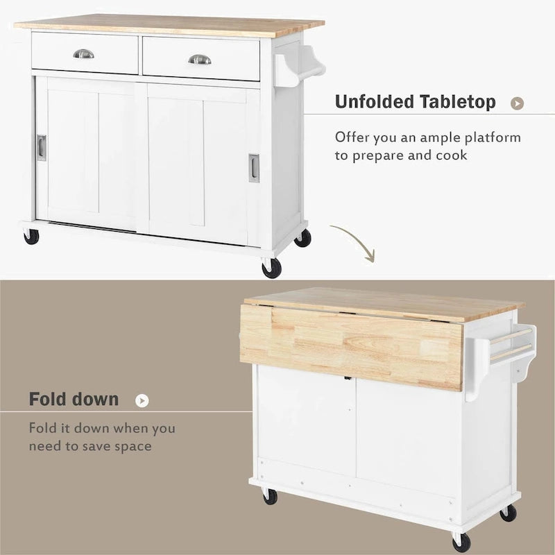 Chariot de cuisine avec comptoir rabattable en bois d'hévéa