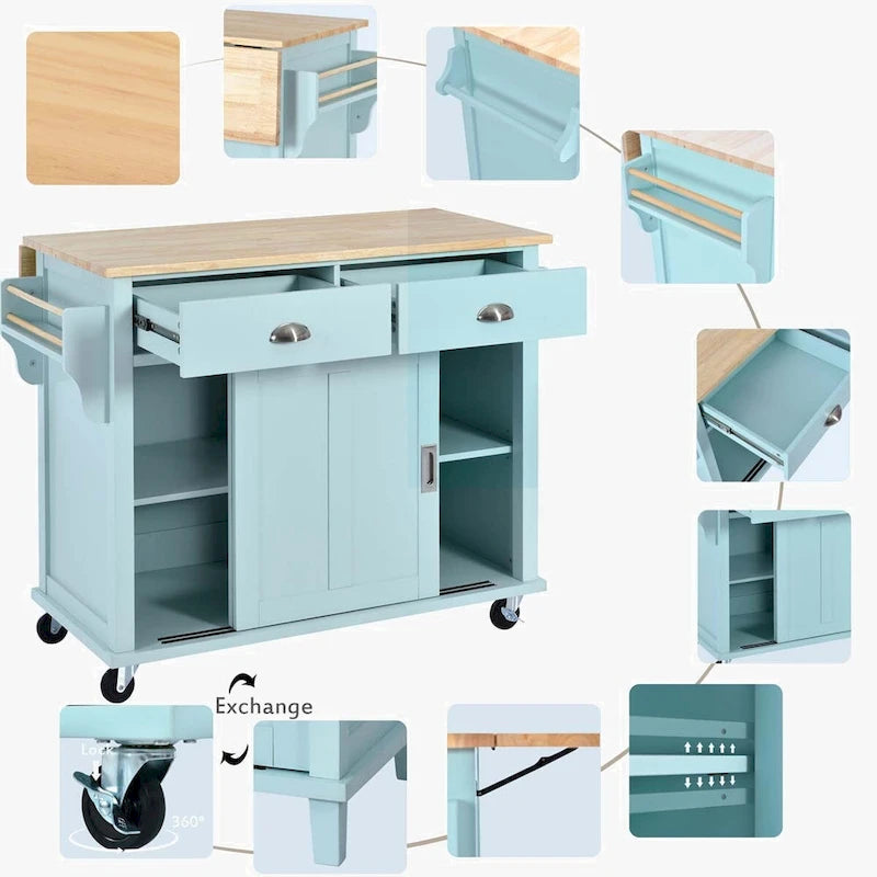 Chariot de cuisine avec comptoir rabattable en bois d'hévéa
