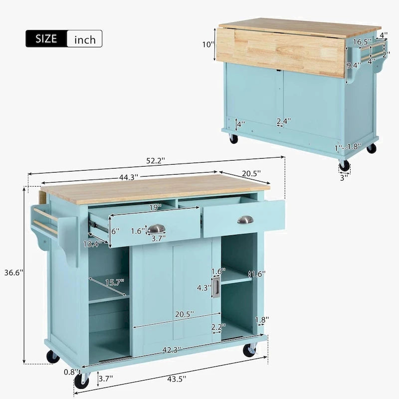 Chariot de cuisine avec comptoir rabattable en bois d'hévéa