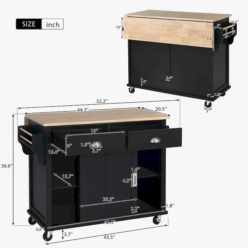 Chariot de cuisine avec comptoir rabattable en bois d'hévéa