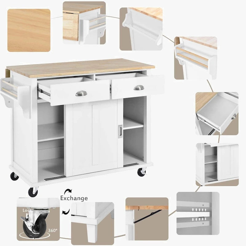 Chariot de cuisine avec comptoir rabattable en bois d'hévéa