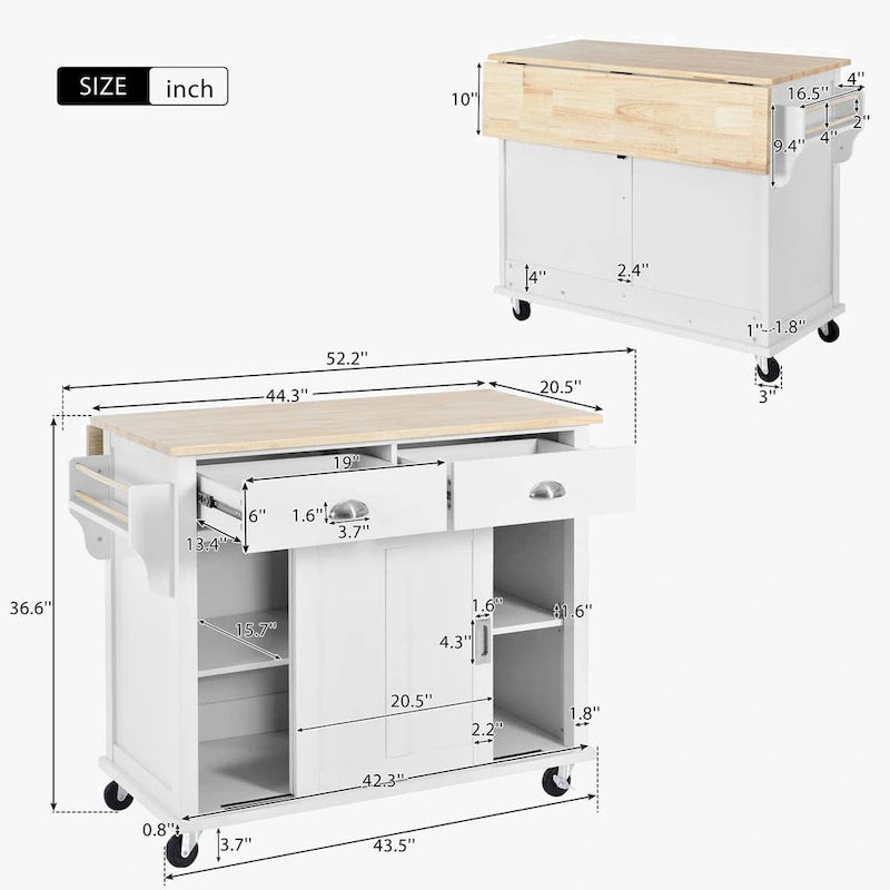 Chariot de cuisine avec comptoir rabattable en bois d'hévéa