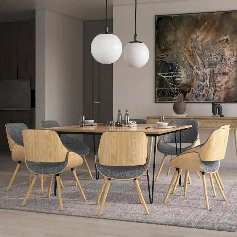 Chaise de salle à manger WYNDENHALL Malone, style moderne du milieu du siècle, en bois courbé clair et lin polyester - 58 cm (P) x 53 cm (L) x 78 cm (H)
