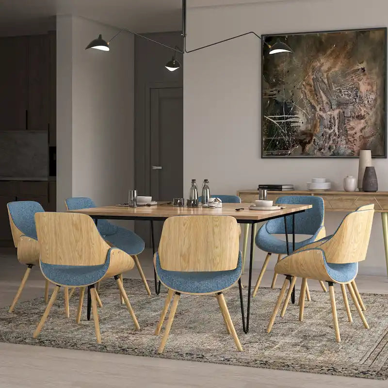 Chaise de salle à manger WYNDENHALL Malone, style moderne du milieu du siècle, en bois courbé clair et lin polyester - 58 cm (P) x 53 cm (L) x 78 cm (H)
