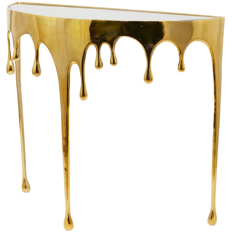 Table basse ou console décorative en aluminium effet goutte d'eau, pieds design effet fondu et plateau en verre teinté - Roche River Decor