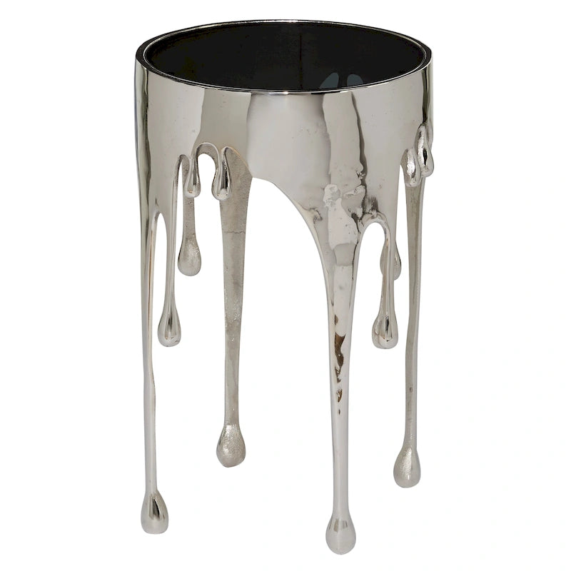 Table basse ou console décorative en aluminium effet goutte d'eau, pieds design effet fondu et plateau en verre teinté - Roche River Decor
