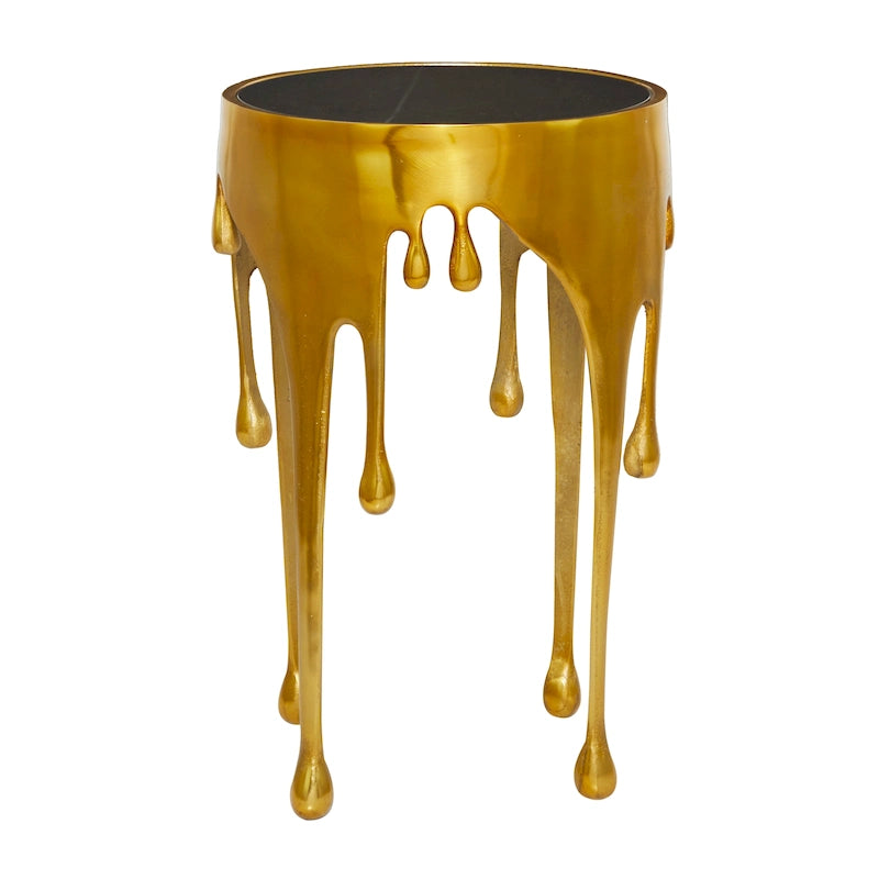 Table basse ou console décorative en aluminium effet goutte d'eau, pieds design effet fondu et plateau en verre teinté - Roche River Decor
