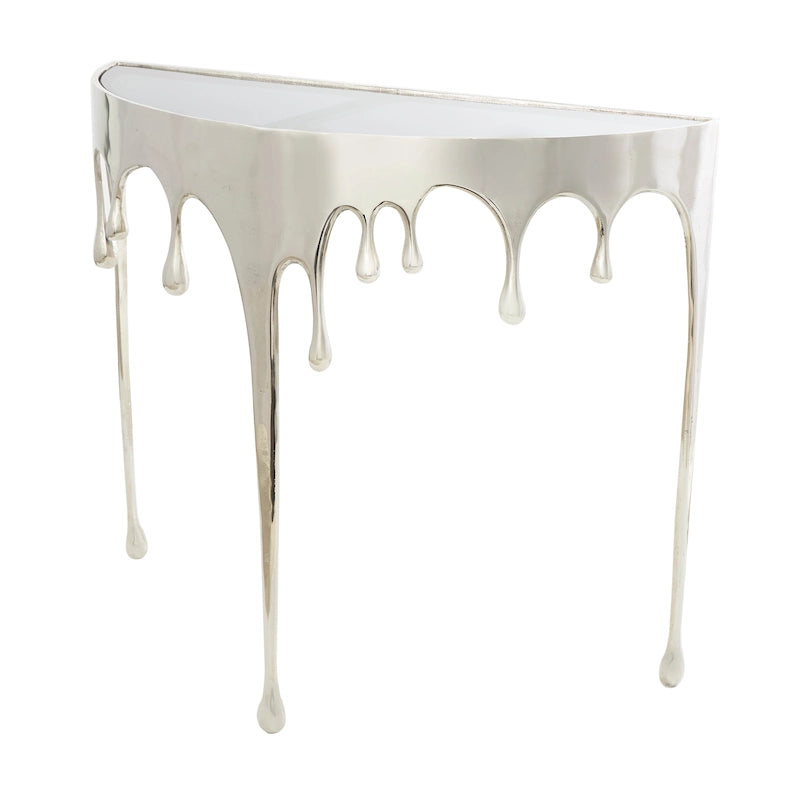 Table basse ou console décorative en aluminium effet goutte d'eau, pieds design effet fondu et plateau en verre teinté - Roche River Decor