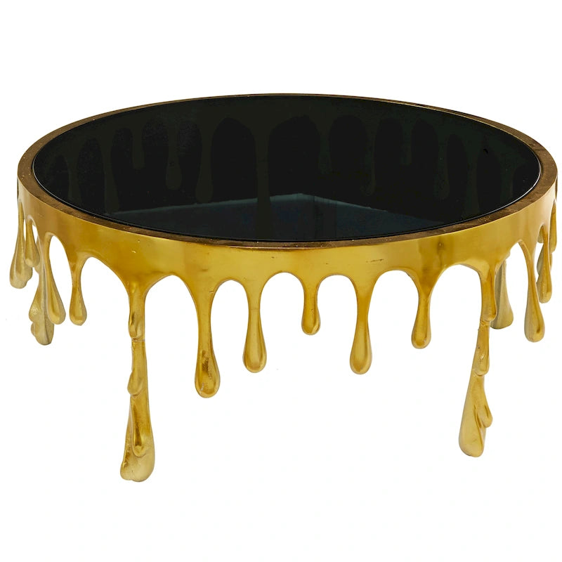 Table basse ou console décorative en aluminium effet goutte d'eau, pieds design effet fondu et plateau en verre teinté - Roche River Decor