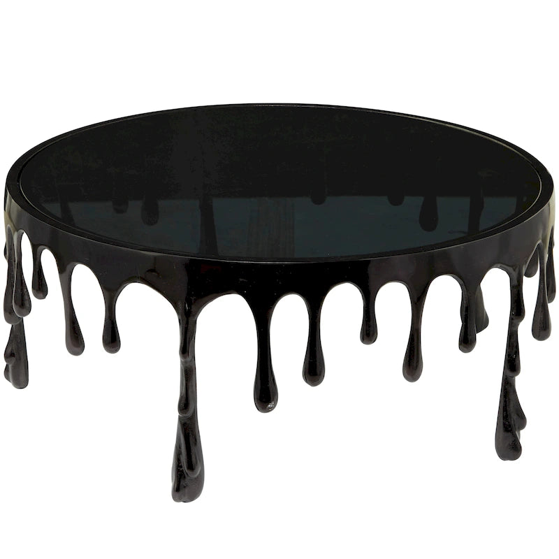 Table basse ou console décorative en aluminium effet goutte d'eau, pieds design effet fondu et plateau en verre teinté - Roche River Decor