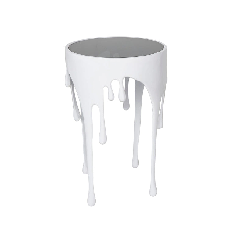 Table basse ou console décorative en aluminium effet goutte d'eau, pieds design effet fondu et plateau en verre teinté - Roche River Decor