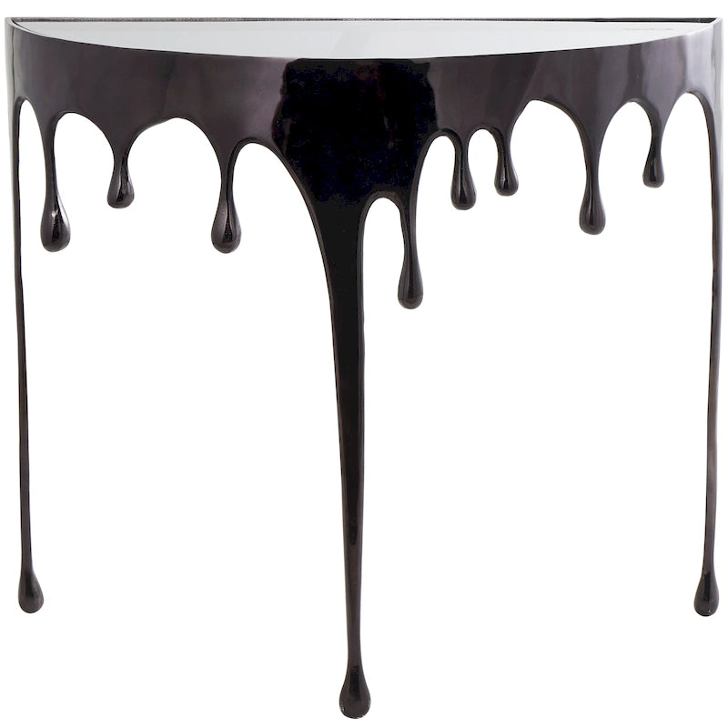 Table basse ou console décorative en aluminium effet goutte d'eau, pieds design effet fondu et plateau en verre teinté - Roche River Decor