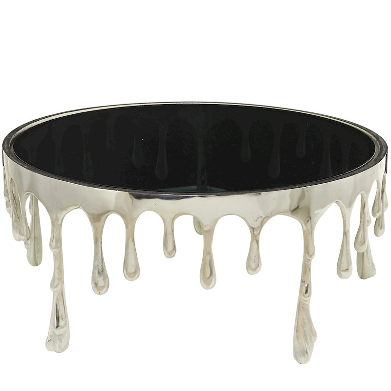 Table basse ou console décorative en aluminium effet goutte d'eau, pieds design effet fondu et plateau en verre teinté - Roche River Decor