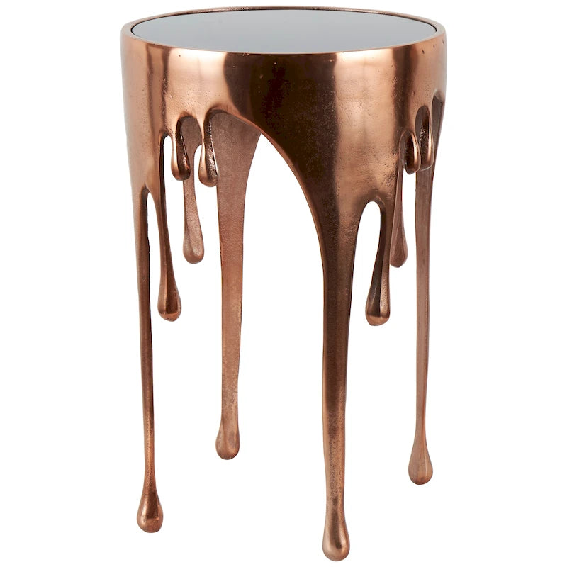 Table basse ou console décorative en aluminium effet goutte d'eau, pieds design effet fondu et plateau en verre teinté - Roche River Decor