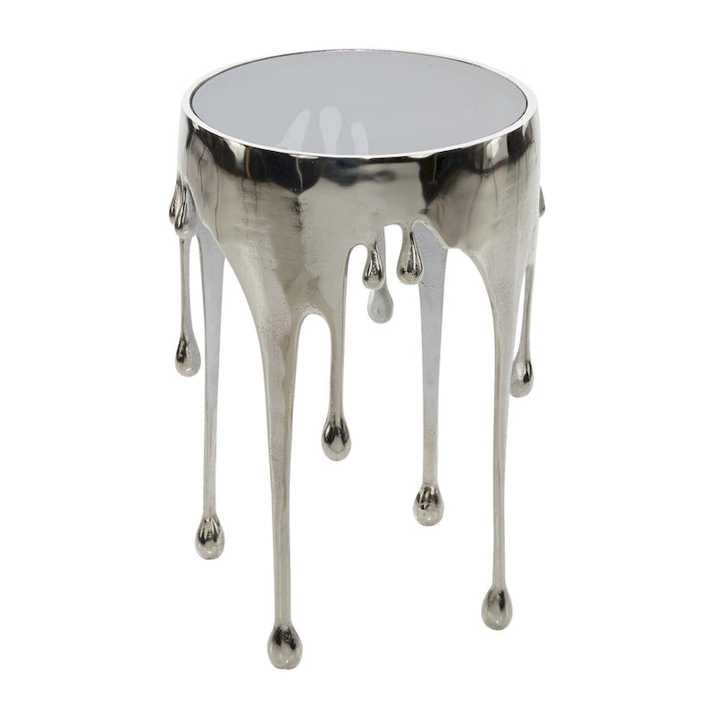 Table basse ou console décorative en aluminium effet goutte d'eau, pieds design effet fondu et plateau en verre teinté - Roche River Decor