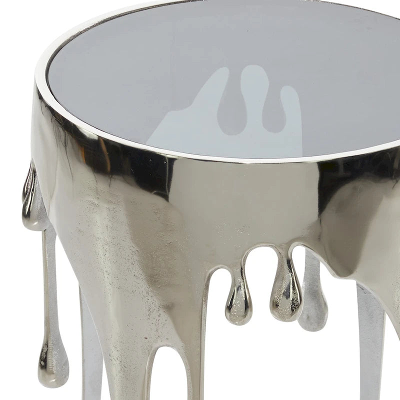 Table basse ou console décorative en aluminium effet goutte d'eau, pieds design effet fondu et plateau en verre teinté - Roche River Decor