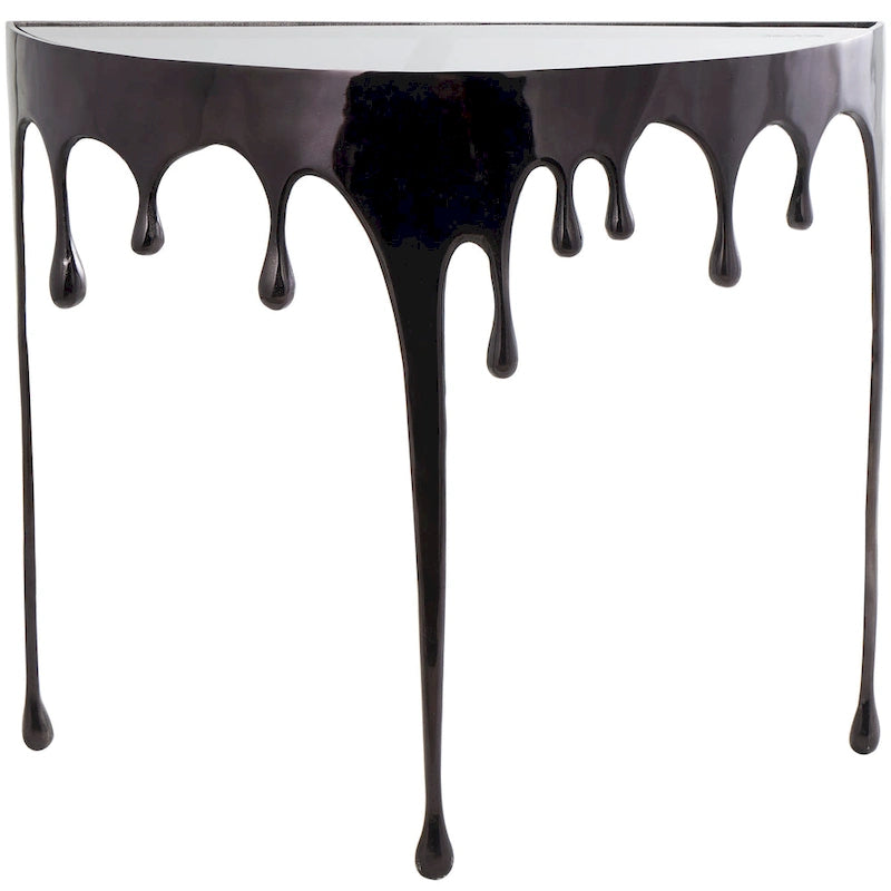 Table basse ou console décorative en aluminium effet goutte d'eau, pieds design effet fondu et plateau en verre teinté - Roche River Decor