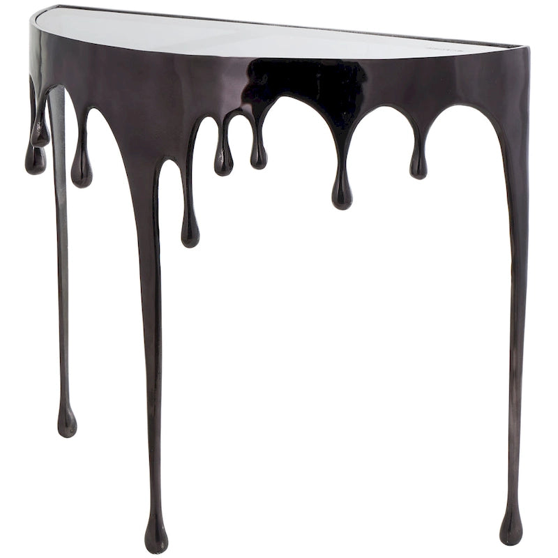 Table basse ou console décorative en aluminium effet goutte d'eau, pieds design effet fondu et plateau en verre teinté - Roche River Decor