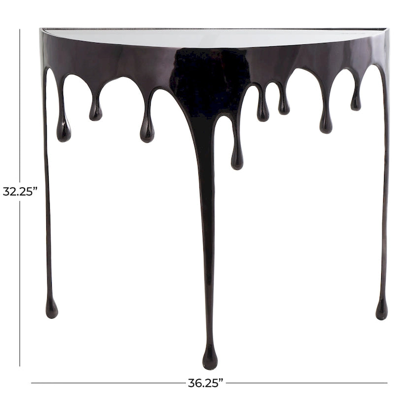 Table basse ou console décorative en aluminium effet goutte d'eau, pieds design effet fondu et plateau en verre teinté - Roche River Decor