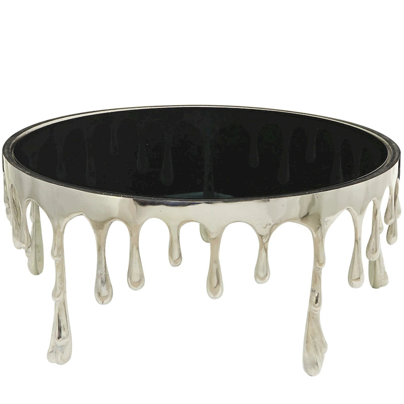 Table basse ou console décorative en aluminium effet goutte d'eau, pieds design effet fondu et plateau en verre teinté - Roche River Decor