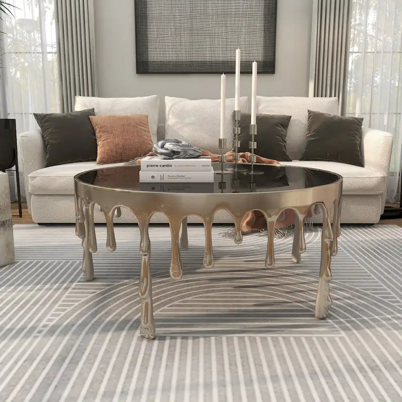 Table basse ou console décorative en aluminium effet goutte d'eau, pieds design effet fondu et plateau en verre teinté - Roche River Decor