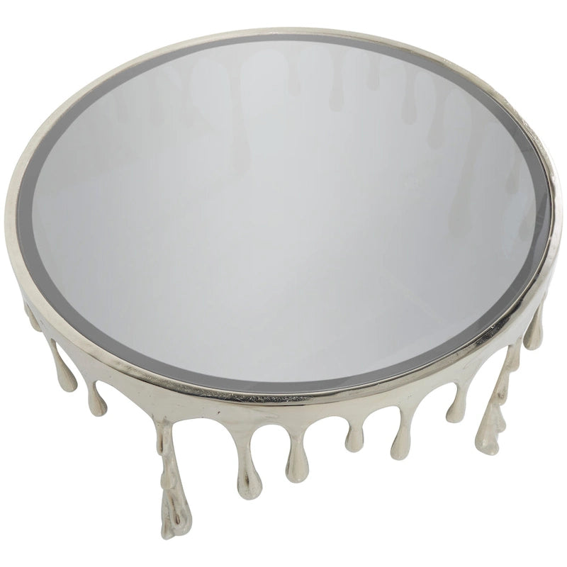 Table basse ou console décorative en aluminium effet goutte d'eau, pieds design effet fondu et plateau en verre teinté - Roche River Decor