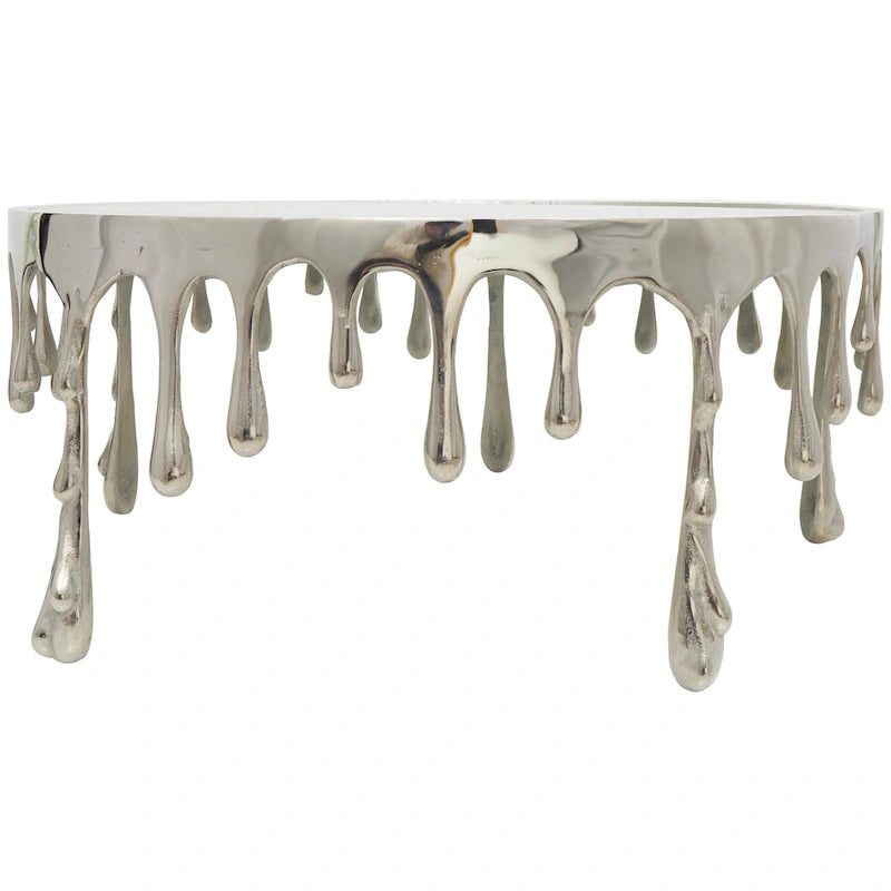Table basse ou console décorative en aluminium effet goutte d'eau, pieds design effet fondu et plateau en verre teinté - Roche River Decor