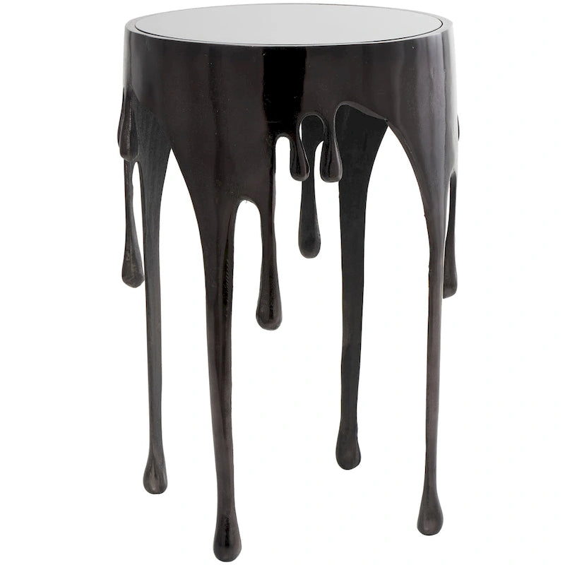 Table basse ou console décorative en aluminium effet goutte d'eau, pieds design effet fondu et plateau en verre teinté - Roche River Decor