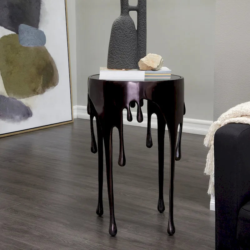 Table basse ou console décorative en aluminium effet goutte d'eau, pieds design effet fondu et plateau en verre teinté - Roche River Decor