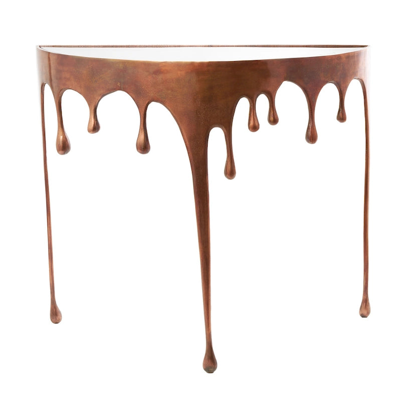 Table basse ou console décorative en aluminium effet goutte d'eau, pieds design effet fondu et plateau en verre teinté - Roche River Decor