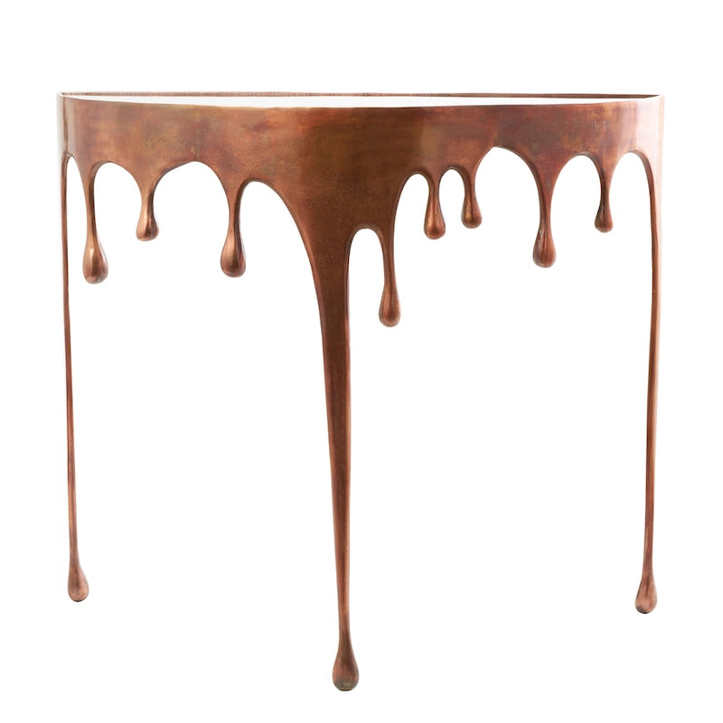 Table basse ou console décorative en aluminium effet goutte d'eau, pieds design effet fondu et plateau en verre teinté - Roche River Decor