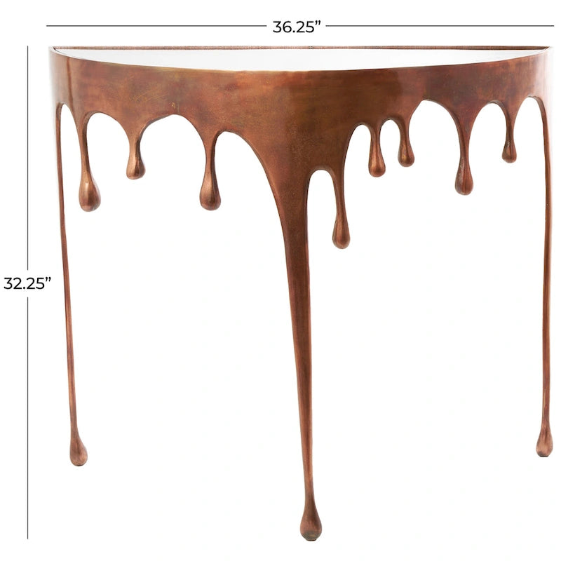 Table basse ou console décorative en aluminium effet goutte d'eau, pieds design effet fondu et plateau en verre teinté - Roche River Decor