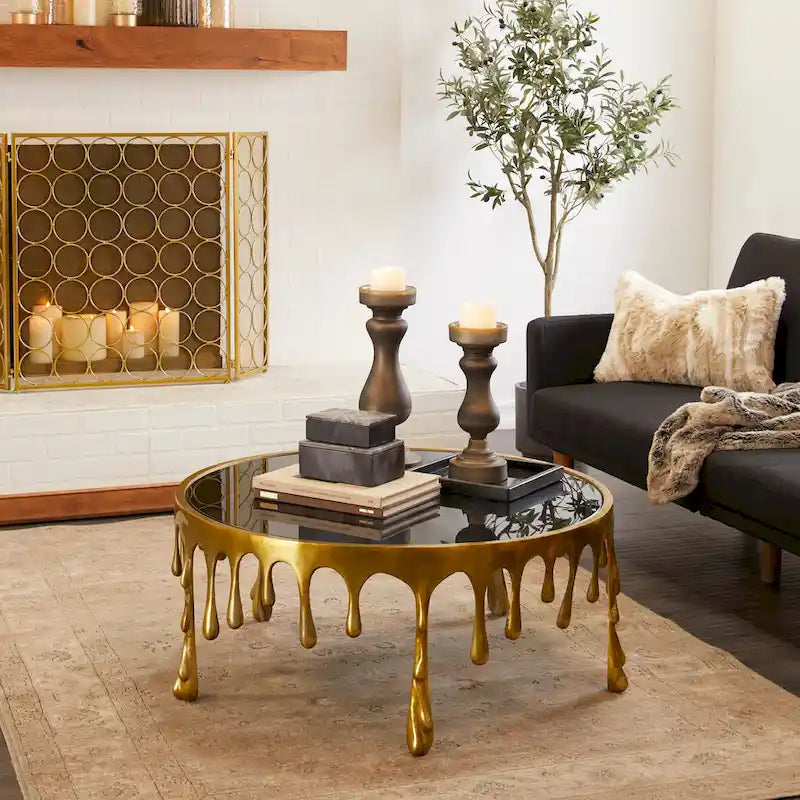 Table basse ou console décorative en aluminium effet goutte d'eau, pieds design effet fondu et plateau en verre teinté - Roche River Decor