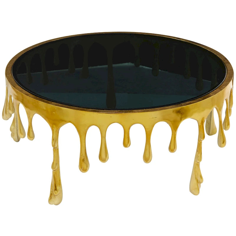 Table basse ou console décorative en aluminium effet goutte d'eau, pieds design effet fondu et plateau en verre teinté - Roche River Decor