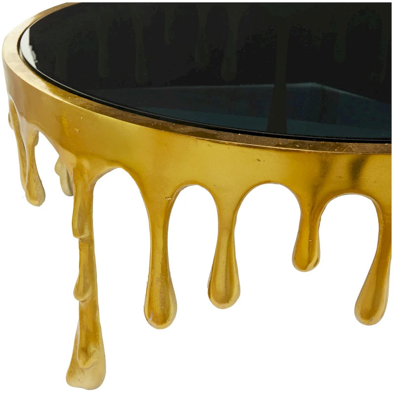 Table basse ou console décorative en aluminium effet goutte d'eau, pieds design effet fondu et plateau en verre teinté - Roche River Decor