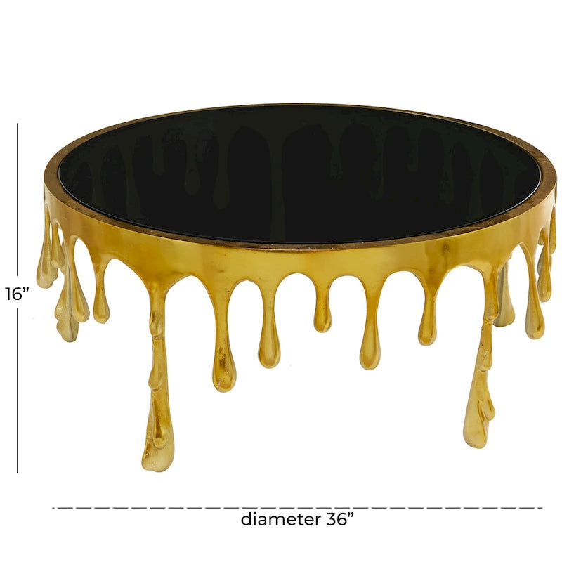 Table basse ou console décorative en aluminium effet goutte d'eau, pieds design effet fondu et plateau en verre teinté - Roche River Decor