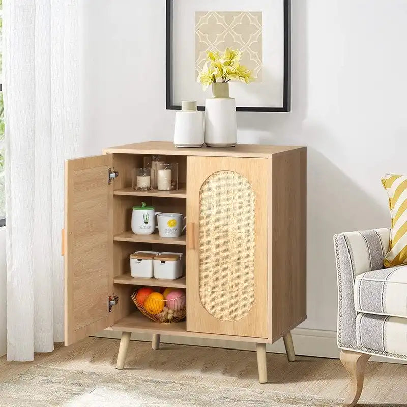 Meuble à chaussures moderne en rotin avec double porte et étagères réglables, meuble d'appoint pour salon, chambre, couloir.