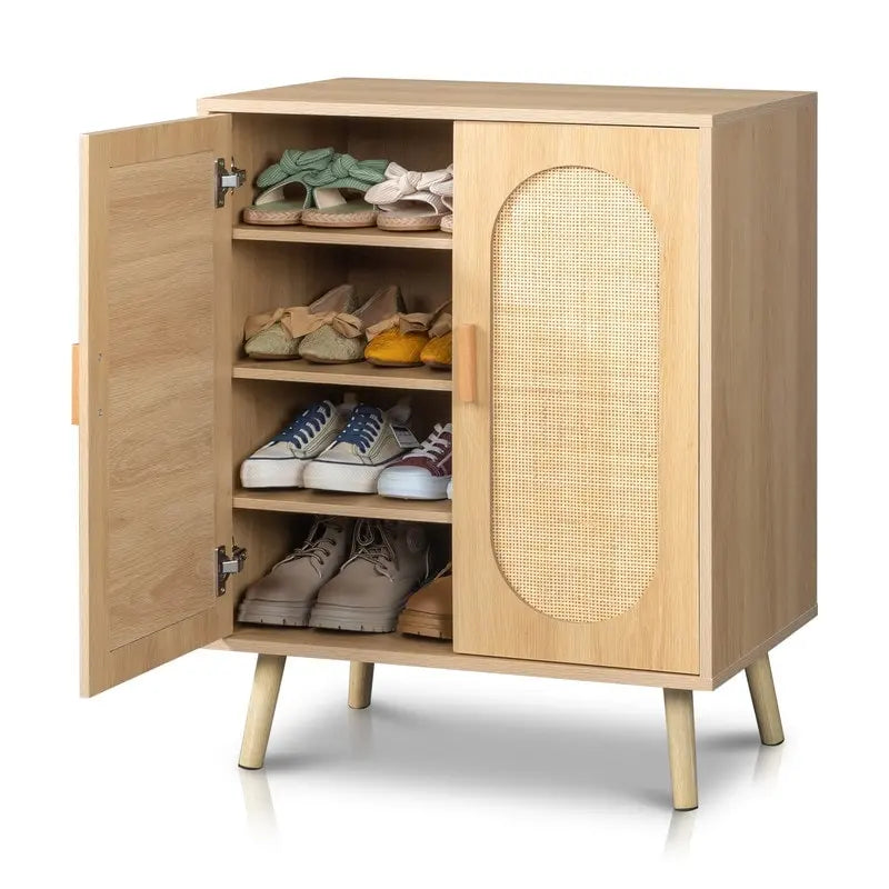 Meuble à chaussures moderne en rotin avec double porte et étagères réglables, meuble d'appoint pour salon, chambre, couloir.