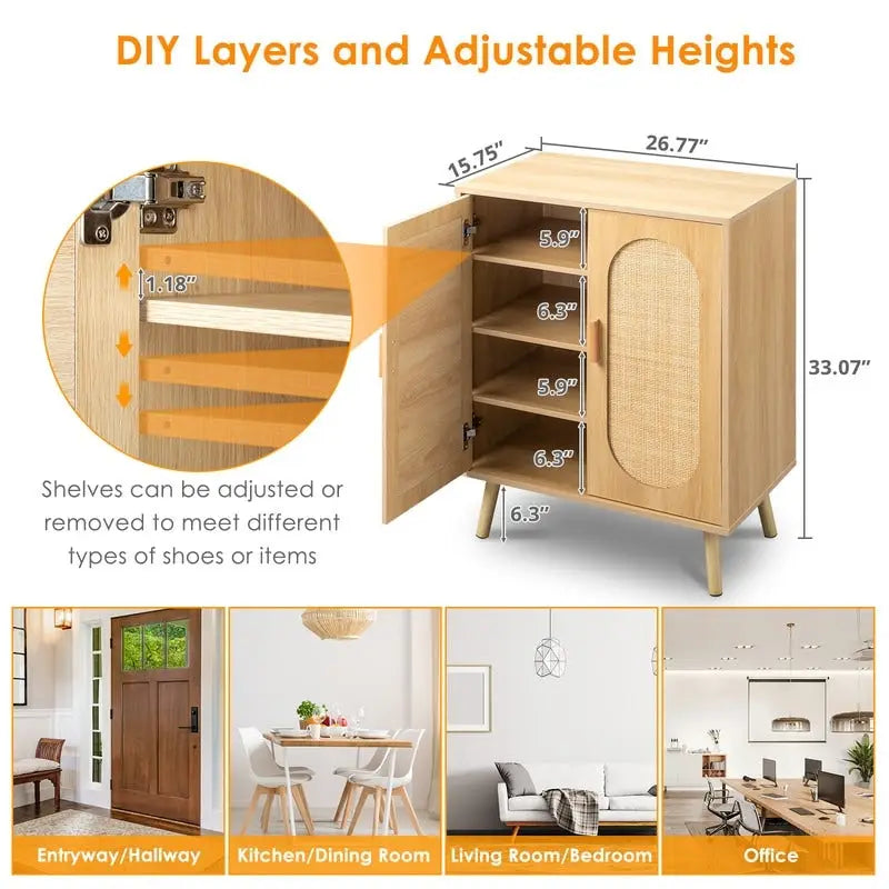 Meuble à chaussures moderne en rotin avec double porte et étagères réglables, meuble d'appoint pour salon, chambre, couloir.