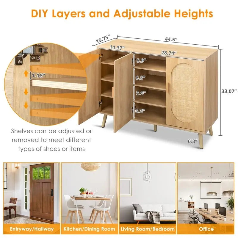 Meuble à chaussures moderne en rotin avec double porte et étagères réglables, meuble d'appoint pour salon, chambre, couloir.
