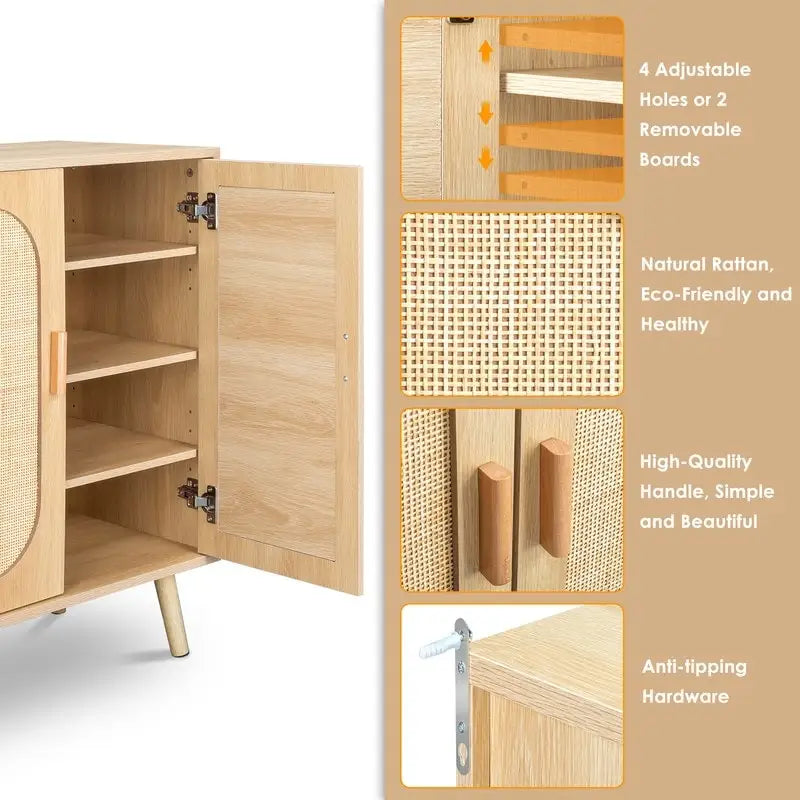 Meuble à chaussures moderne en rotin avec double porte et étagères réglables, meuble d'appoint pour salon, chambre, couloir.