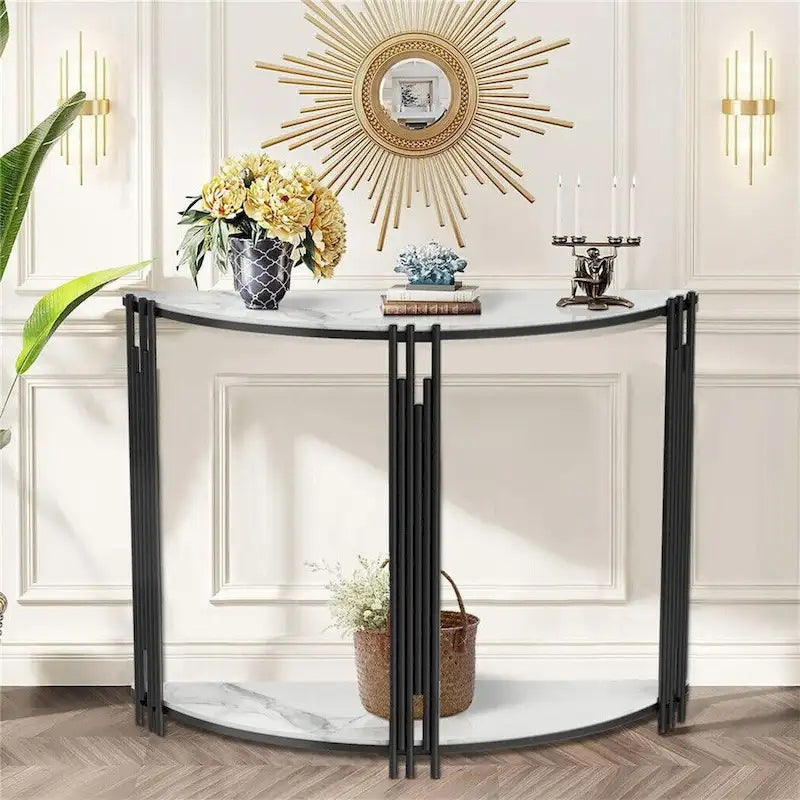 Console demi-lune moderne à 2 niveaux, idéale pour une entrée ou comme table d'appoint.