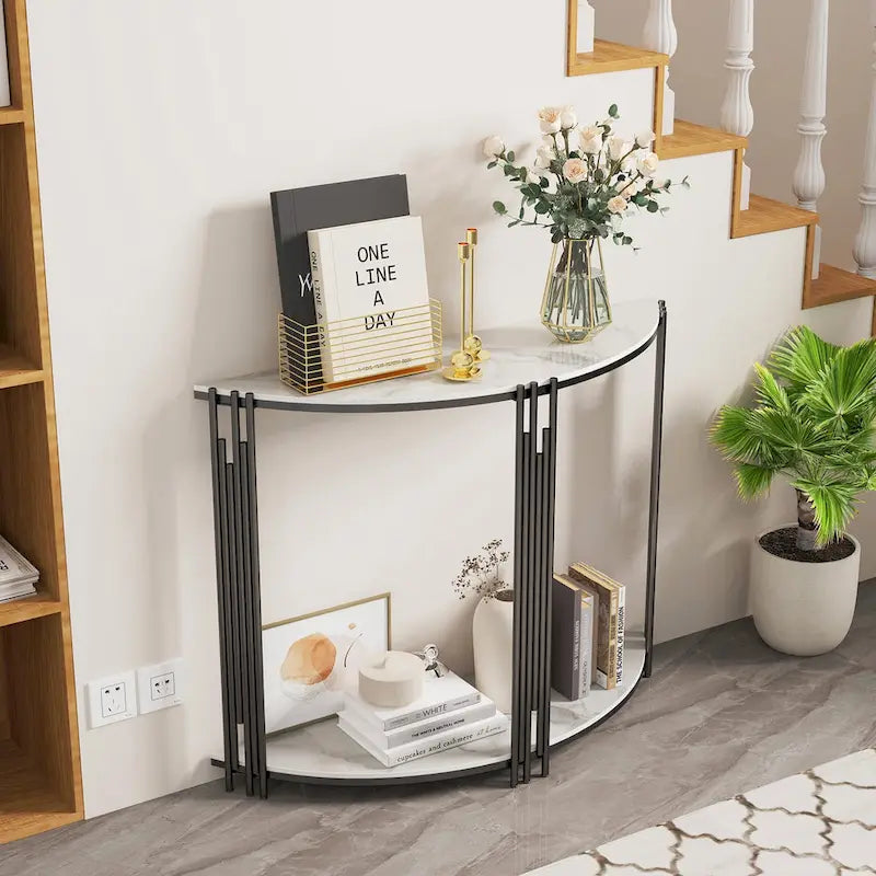 Console demi-lune moderne à 2 niveaux, idéale pour une entrée ou comme table d'appoint.