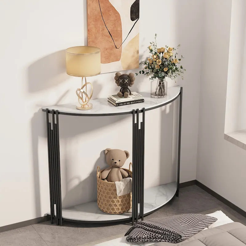 Console demi-lune moderne à 2 niveaux, idéale pour une entrée ou comme table d'appoint.