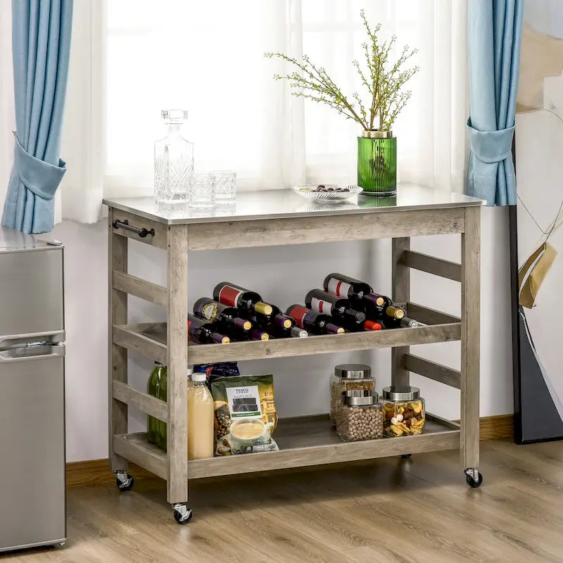 Chariot de cuisine roulant HOMCOM avec plateau en acier inoxydable et casier à vin intégré - 42,5 cm (L) x 19 cm (P) x 35 cm (H)